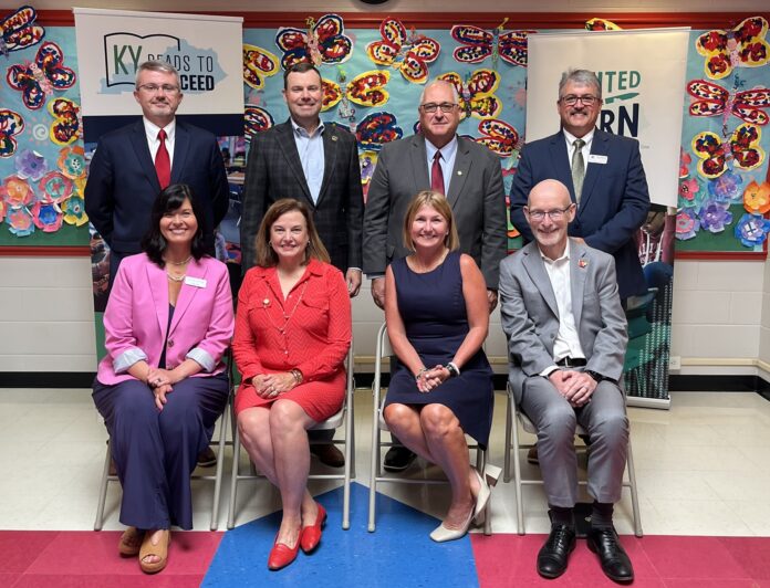 Kentucky state educational leaders announced the Kentucky Reading Research Center to be led by UofL’s College of Education and Human Development. Left to right, top row: Incoming Commissioner of Education Robbie Fletcher, Sen. Stephen West, Rep. James Tipton and Bourbon County Superintendent Larry Begley. Left to right, front row: KDE Chief Academic Officer Micki Ray, Interim Commissioner of Education Robin Fields Kinney, Kentucky Reading Research Center Director and CEHD Interim Dean Amy Lingo and UofL Provost Gerry Bradley. Photo by Crystal Sicard, Kentucky Department of Education.