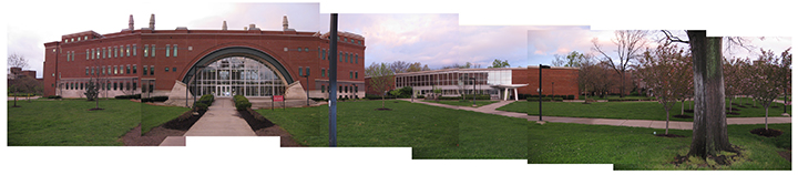Lutz Hall and Schneider Hall, handbuilt panorama by Leslie Friesen