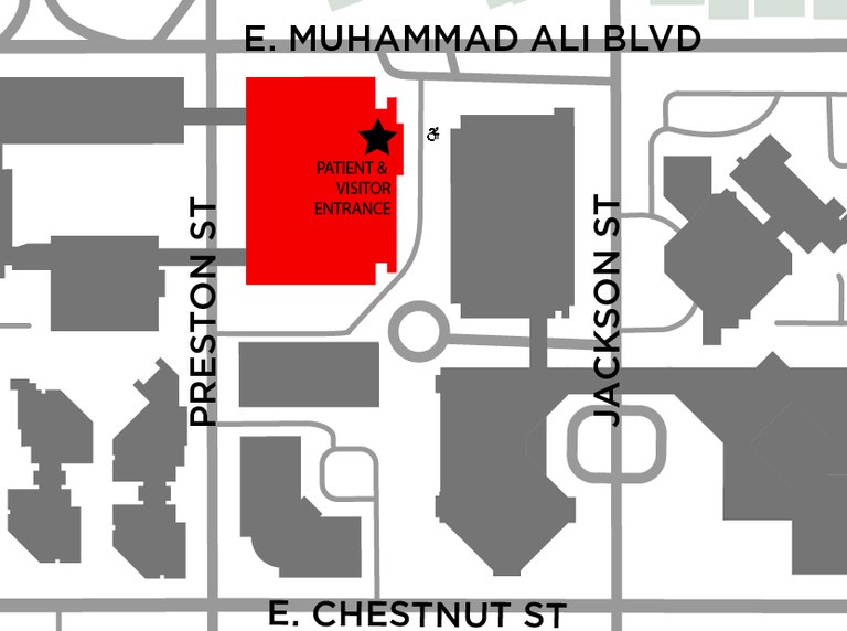 School of Dentistry patient and visitor entrance marked with star on northeast corner of building at approximately 452 E. Muhammad Ali Blvd