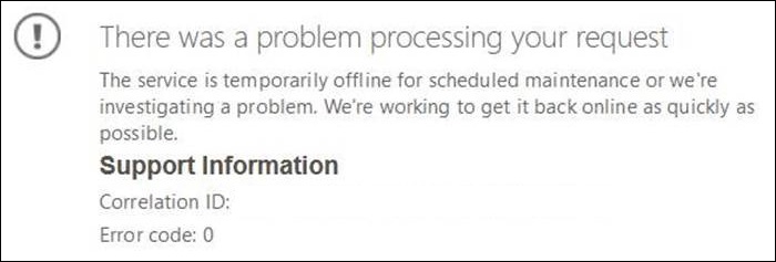 Error message says there was a problem processing your request. The service is temporarily offline for scheduled maintenance or we're investigating a problem. We're working to get it back online as quickly as possible.