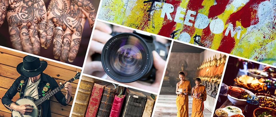 A collage of different cultural aspects, including food, art, photography, politics, music and literature