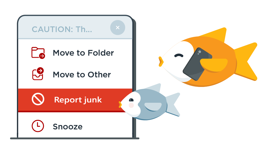 two fish, one larger and yellow on their phishy phone, and the other smaller and blue, gazing upon a 'report junk' icon