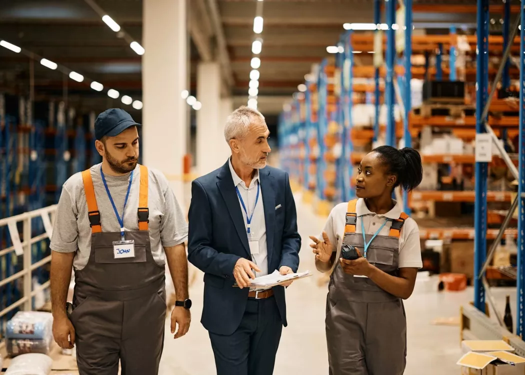 Businessman communicating with young workers